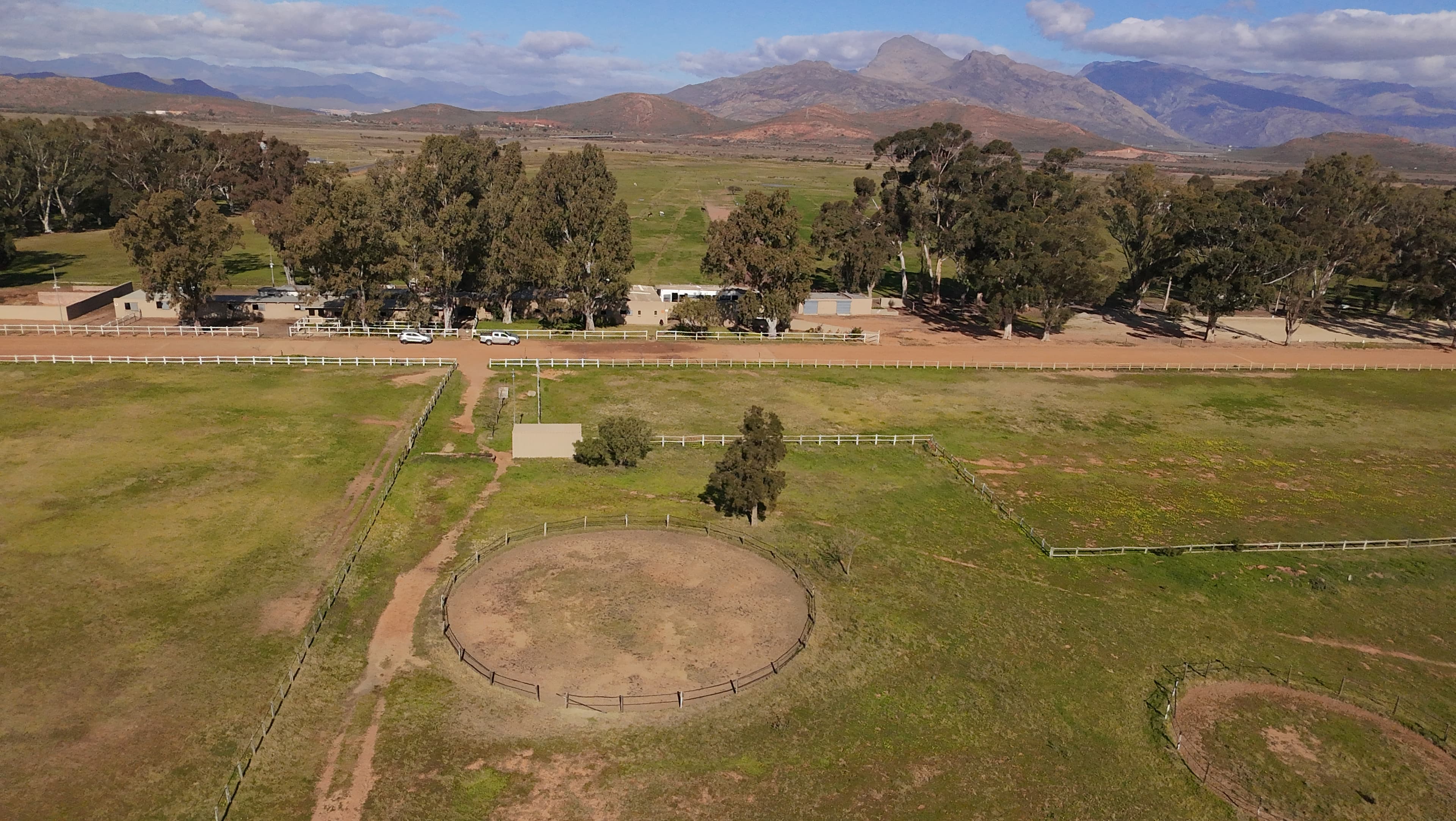 Aerial view of the stables and paddocks